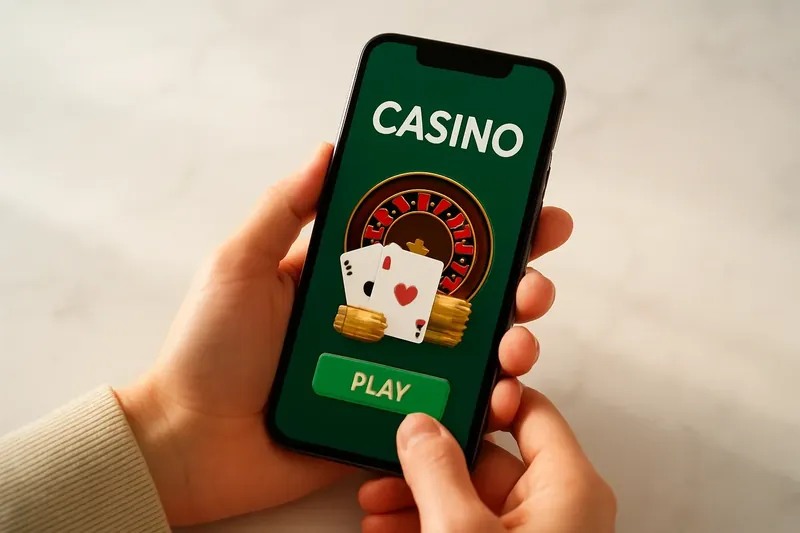 Hands holding smartphone with casino app on white marble surface