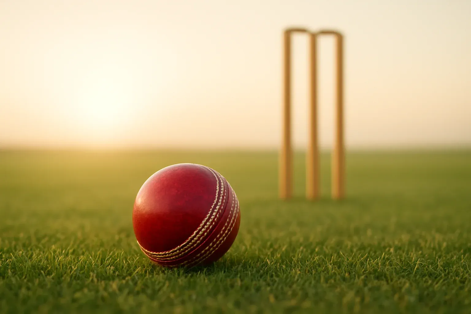 Cricket Ball At Dusk Red cricket ball on mown grass with stumps at dusk
