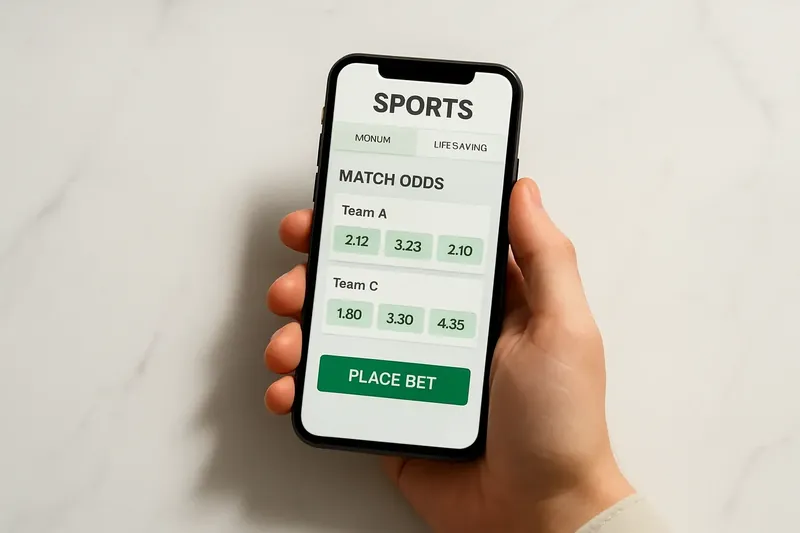 Hand holding smartphone showing sports betting odds on white marble