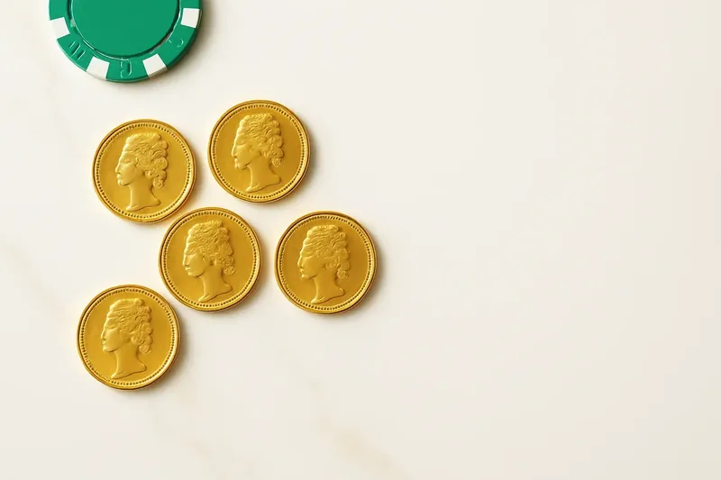 Five gold coins on cream marble with poker chip edge