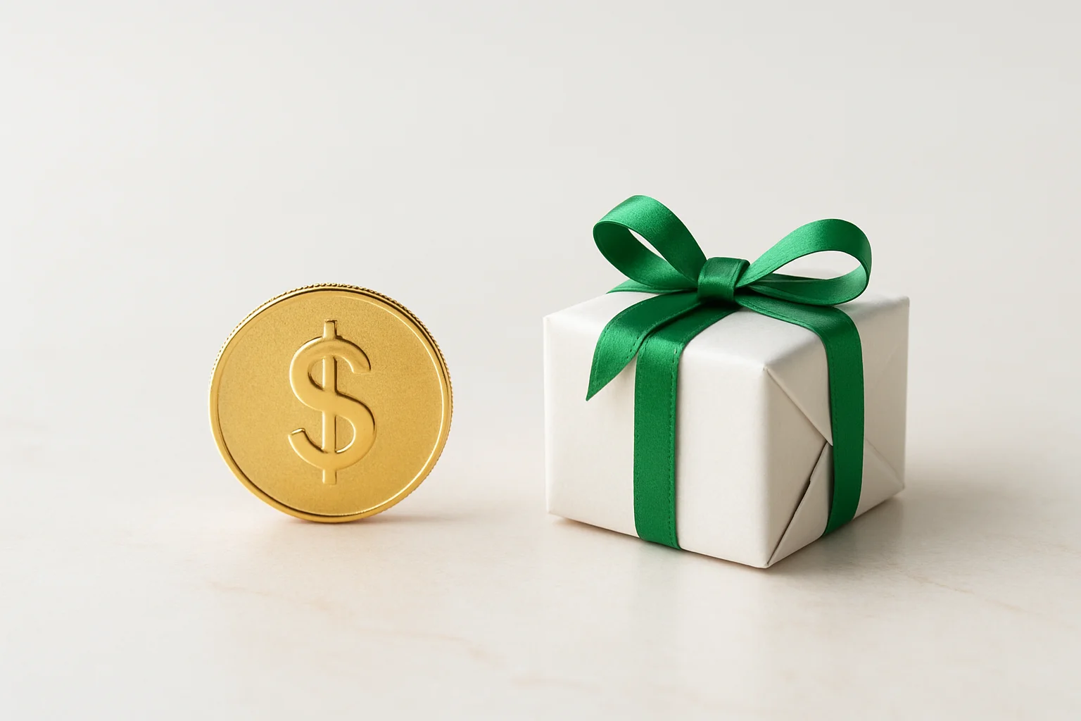 Single gold coin beside small gift box on cream marble surface