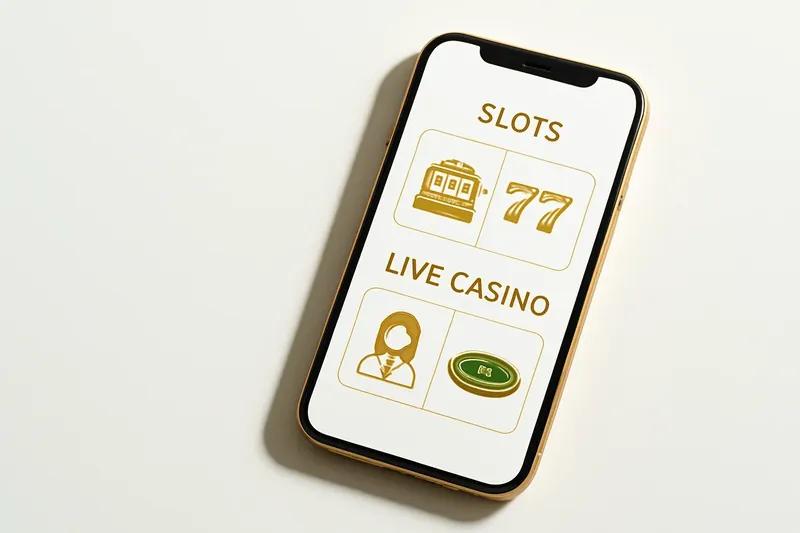 Mobile phone displaying casino app with slots and live games