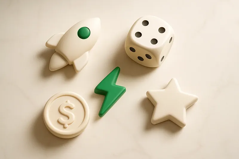 Five 3D instant game symbols on white marble flat lay