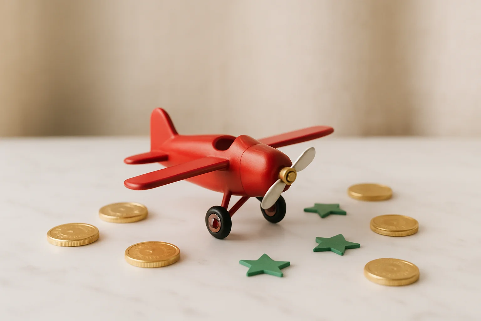 Miniature Red Airplane Miniature red airplane with gold coins and star tokens on marble