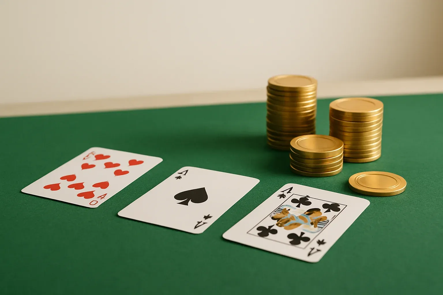 Casino Table Close-Up Green felt casino table with arranged cards and stacked gold chips