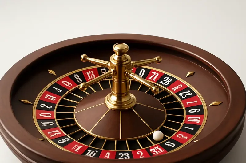 Close-up overhead of roulette wheel center with gold accents